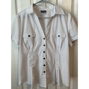 Dot White Button-Down Short Sleeve Blouse –‎ Size L